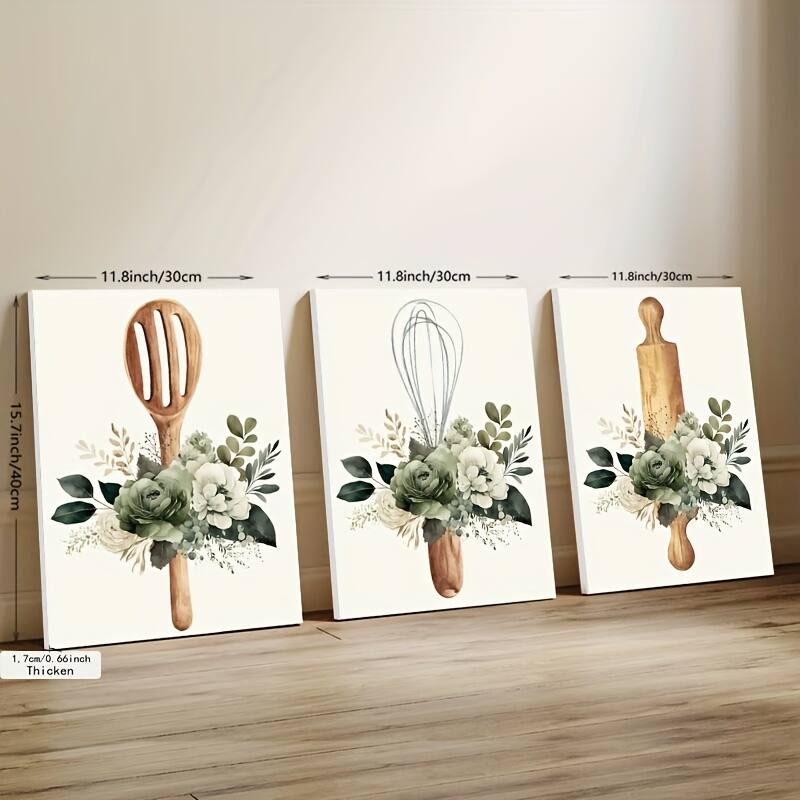 blue - 3pcs Set Framed Canvas Art Prints - Green Watercolor Floral & Kitchenware Design, Thick Pine Wood Frame - Perfect for L - Color:12*8inch(30*20cm)