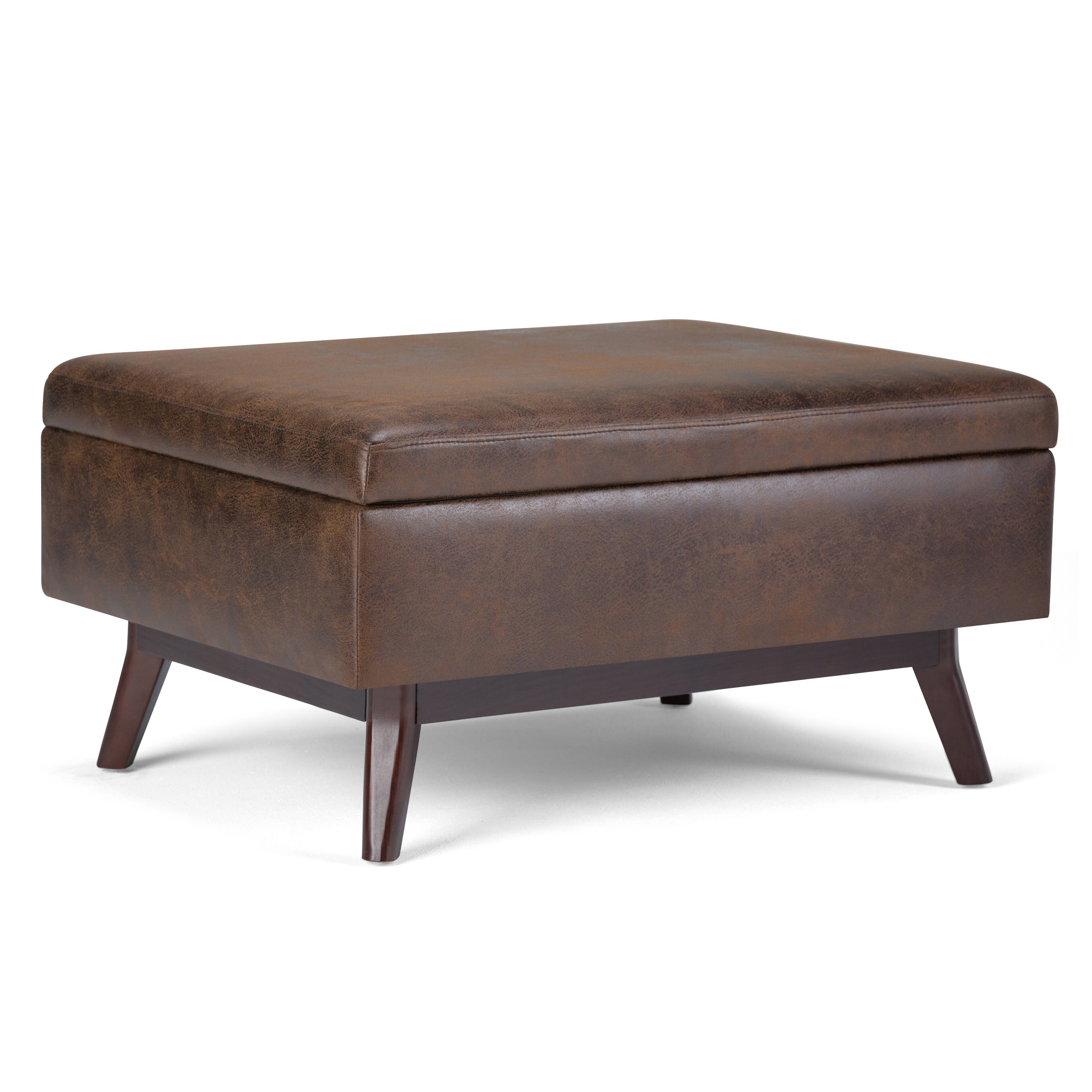 Front. Simpli Home - Owen 34 inch Wide Mid Century Modern Rectangle Coffee Table Storage Ottoman - Distressed Chestnut Brown.