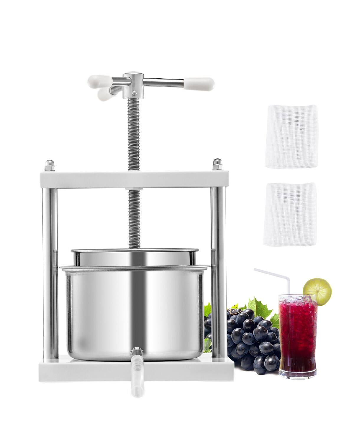 VEVOR - 1.45 Gal/5L Fruit Wine Press, 2 Stainless Steel Barrels, Manual Juice Maker, Cider Apple Grape Tincture Honey Olive Oil - White