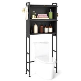 Costway - 66" Bathroom Organizer with 2 Flip-up Cabinets, See-through Fluted Doors, 4 Hooks - Black