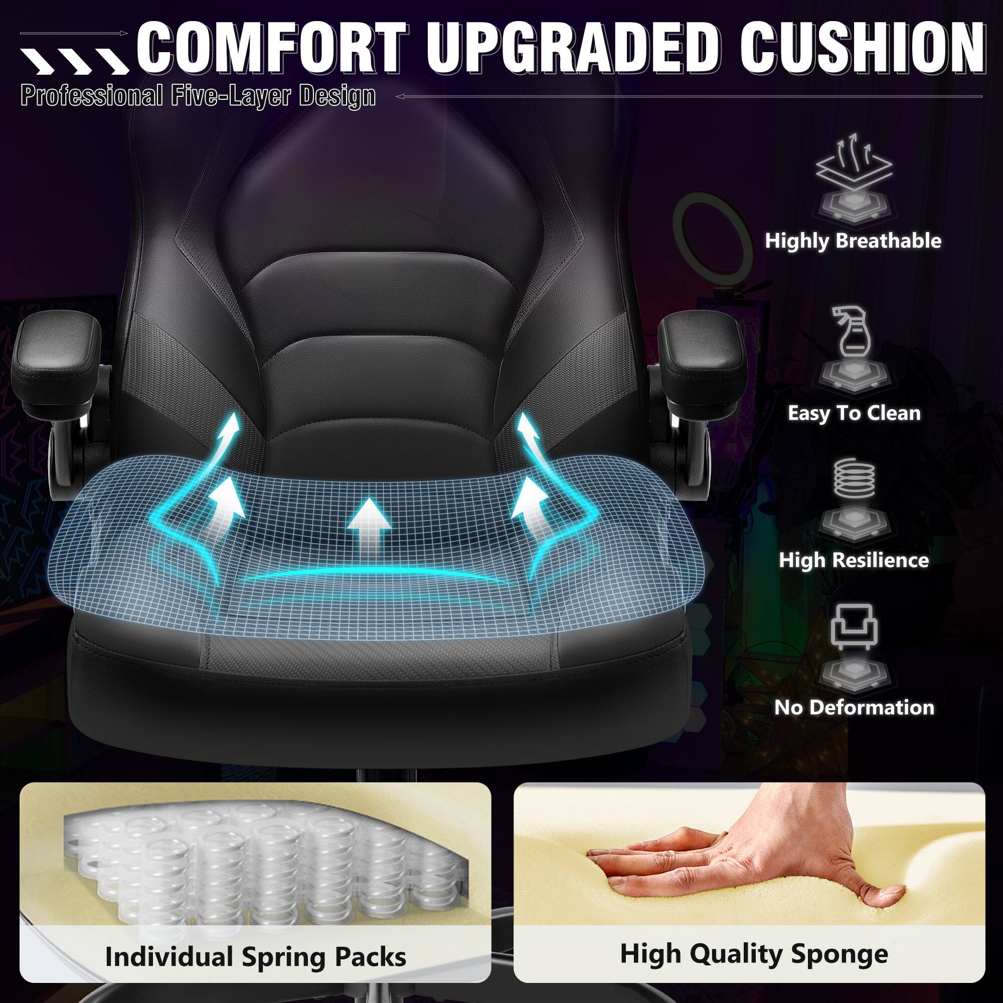 COMFORT UPGRADED CUSHION  
Professional Five-Layer Design  

- Highly Breathable  
- Easy To Clean  
- High Resilience  
- No Deformation  

Individual Spring Packs  
High Quality Sponge