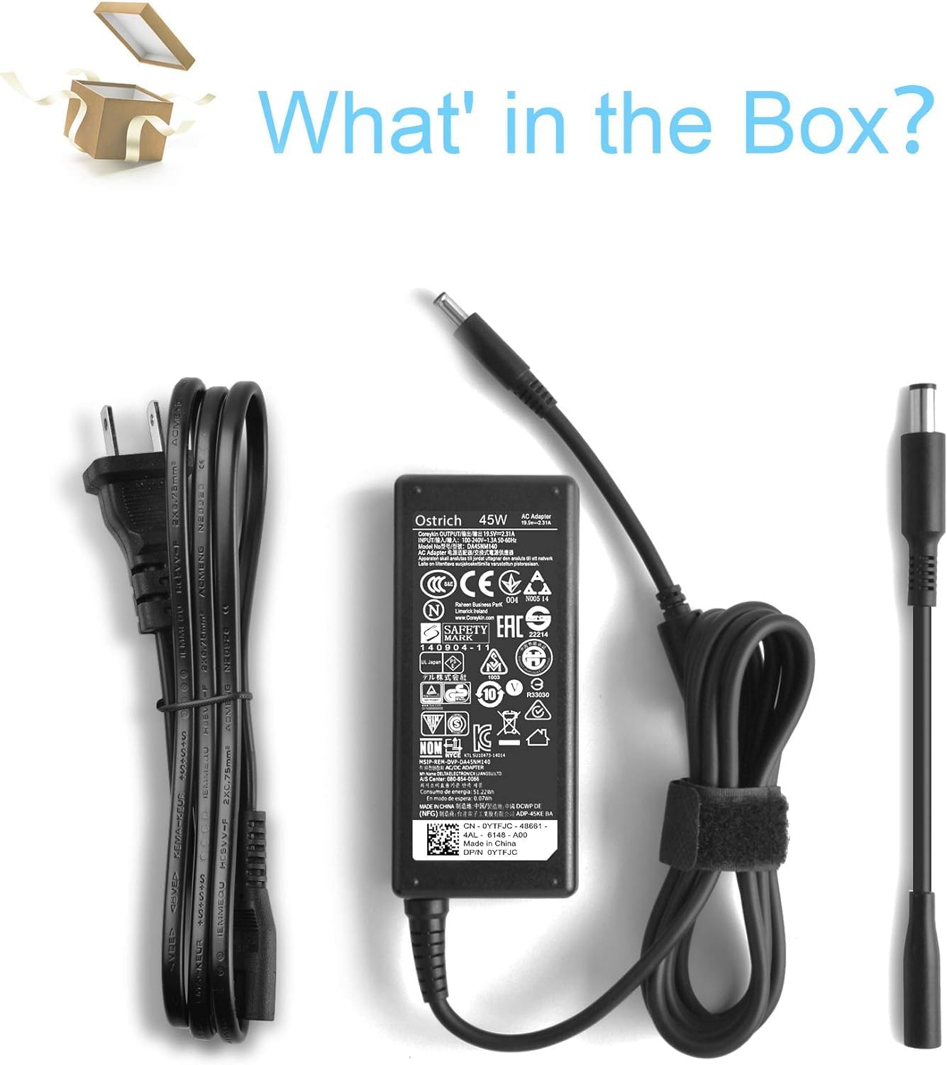 What's in the Box?

- Ostrich 45W AC Adapter
- USB-C Cable
- Safety Markings
- Made in China
- CE, FCC, RoHS, and Other Certifications
- Non-KC Mark
- EAC Certification
- Model Number: ADO
- Input: 100-240V~50/60Hz 0.2A
- Output: 20V=2.25A
- Made in China
- Various Safety and Compliance Symbols