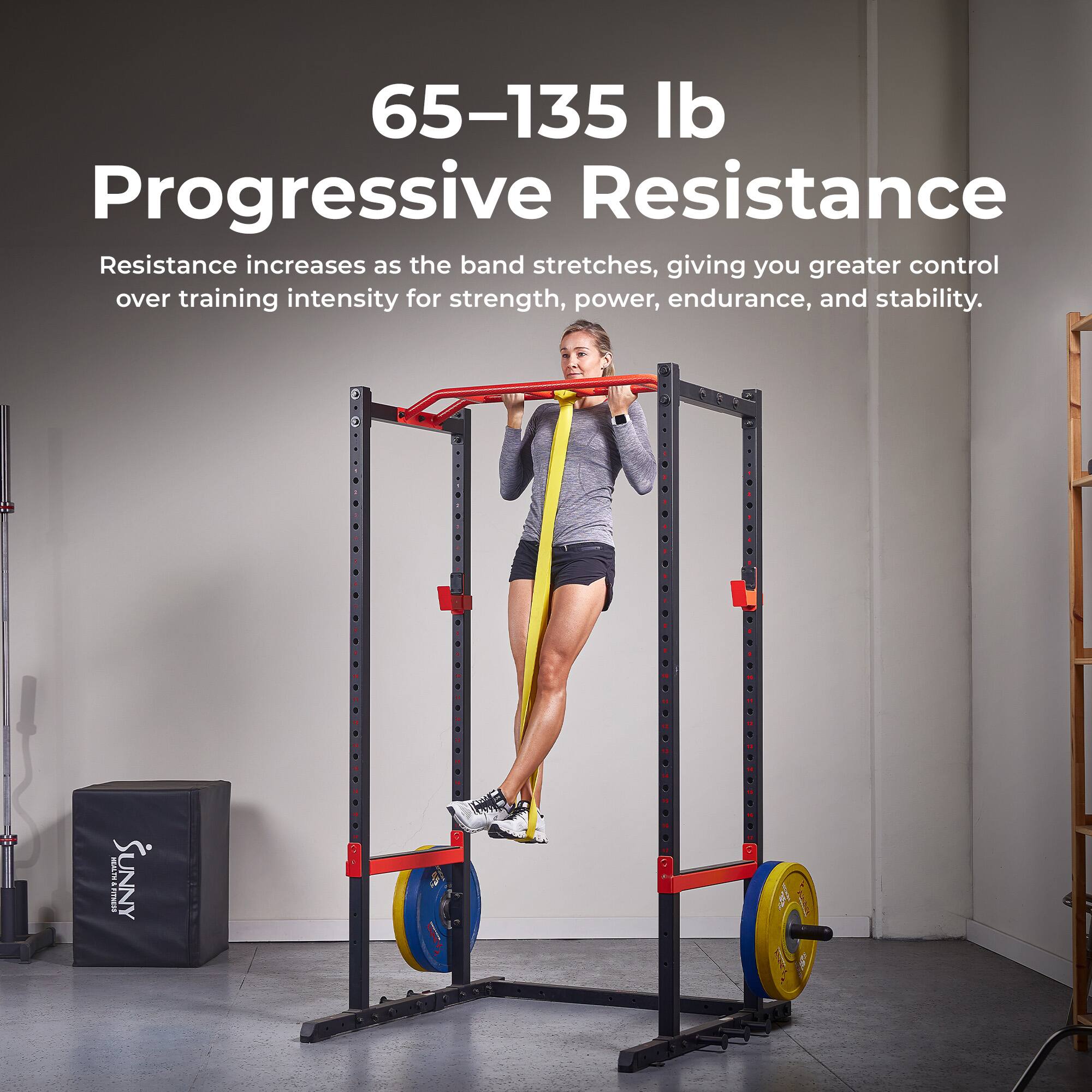 65-135 lb Progressive Resistance  
Resistance increases as the band stretches, giving you greater control over training intensity for strength, power, endurance, and stability.