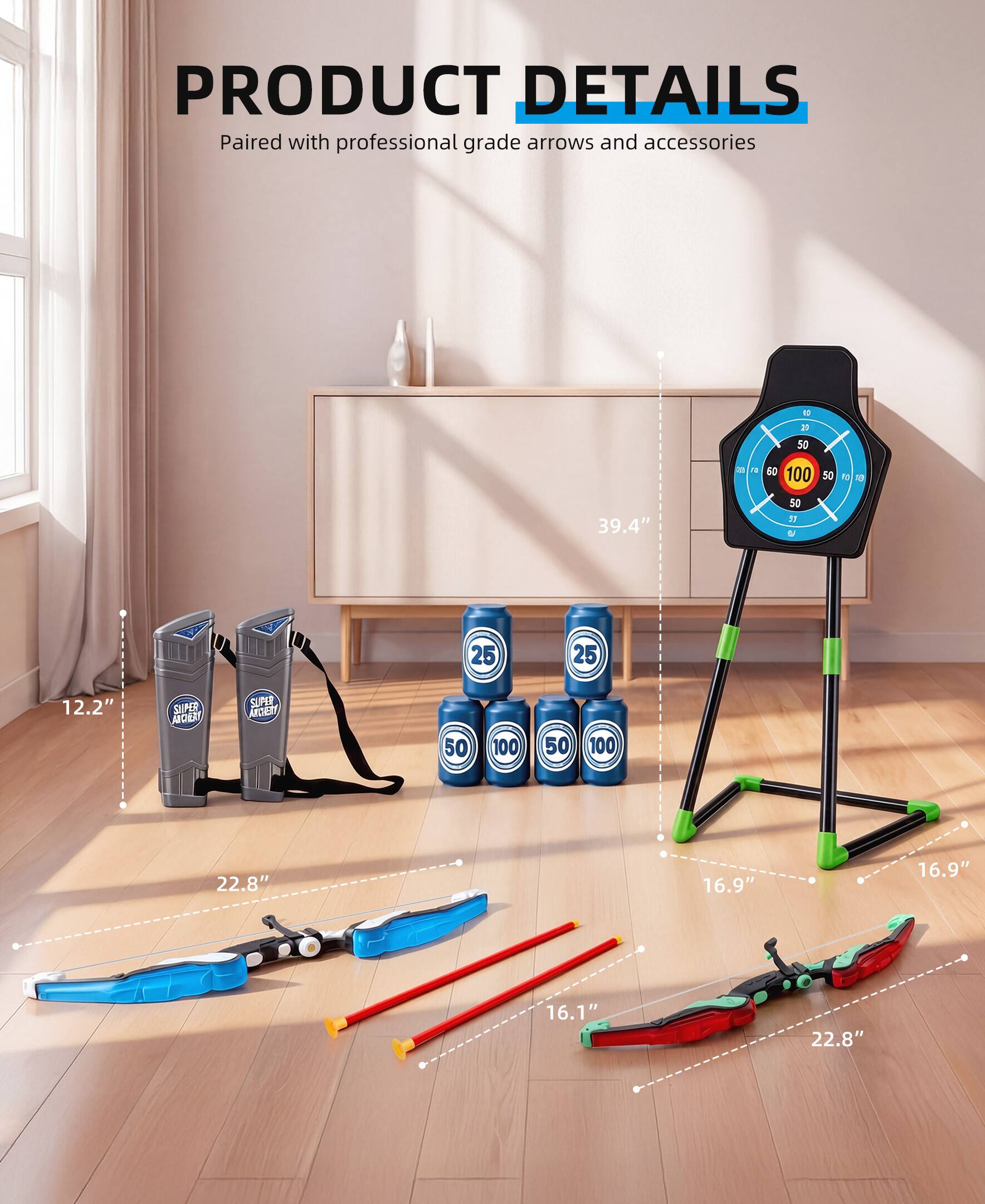 PRODUCT DETAILS  
Paired with professional grade arrows and accessories  

- 39.4"  
- 12.2"  
- 22.8"  
- 16.9"  
- 16.1"  
- 22.8"