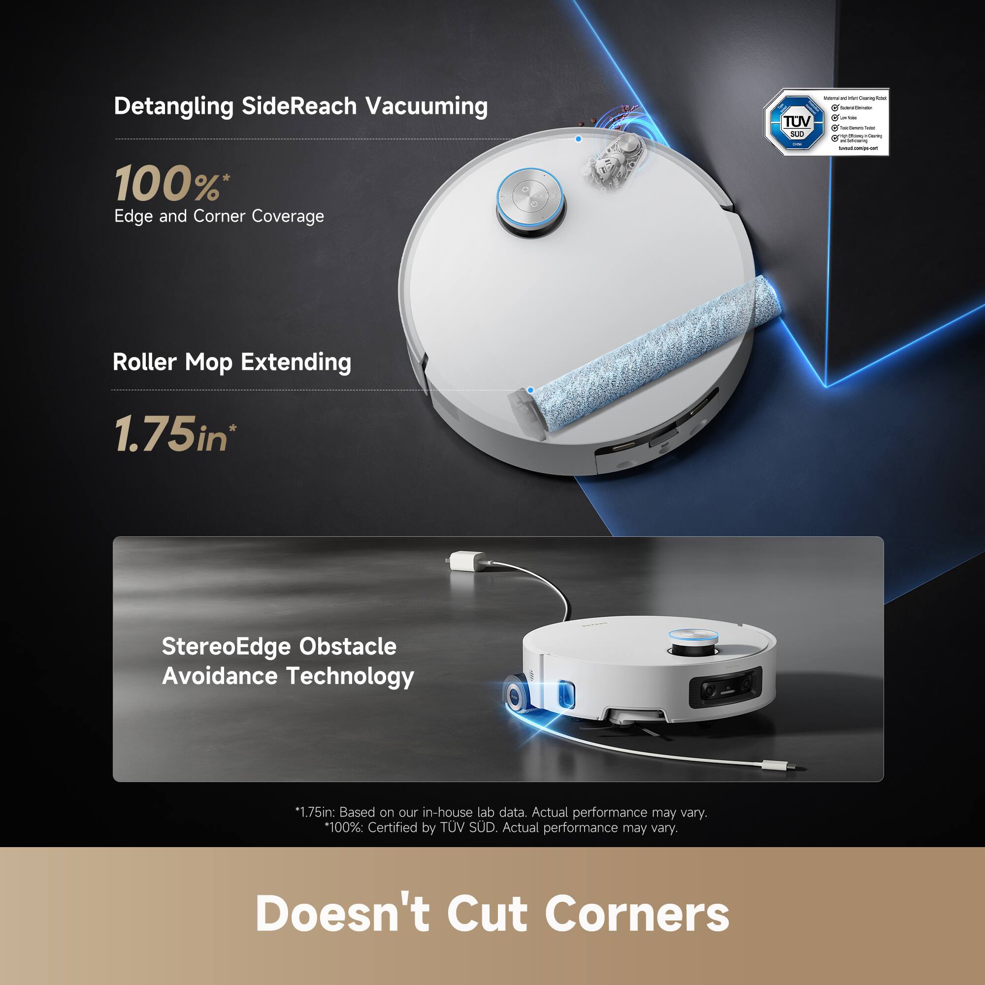 Detangling SideReach Vacuuming  
100%* Edge and Corner Coverage  

Roller Mop Extending  
1.75in*  

StereoEdge Obstacle Avoidance Technology  

*1.75in: Based on our in-house lab data. Actual performance may vary.  
*100%: Certified by TÜV SÜD. Actual performance may vary.  

Doesn't Cut Corners
