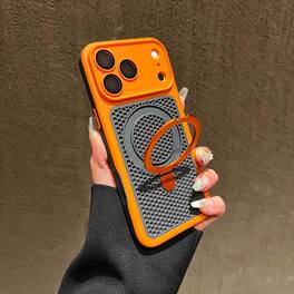 Dteck - Magnetic Case for Apple iPhone 17 Pro with Hidden Ring Stand, Slim Shockproof Mesh Cooling Cover Built-in Lens Film - Orange