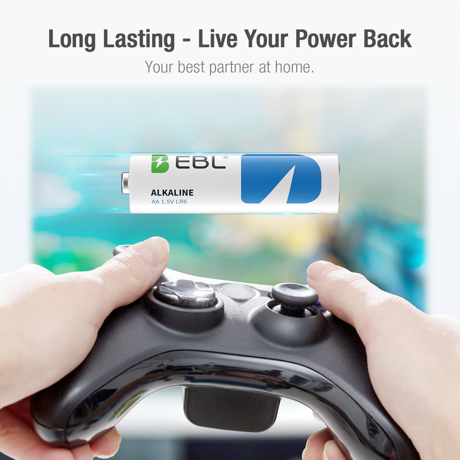 Long Lasting - Live Your Power Back  
Your best partner at home.  

EBL  
ALKALINE  
AA 1.5V LR6