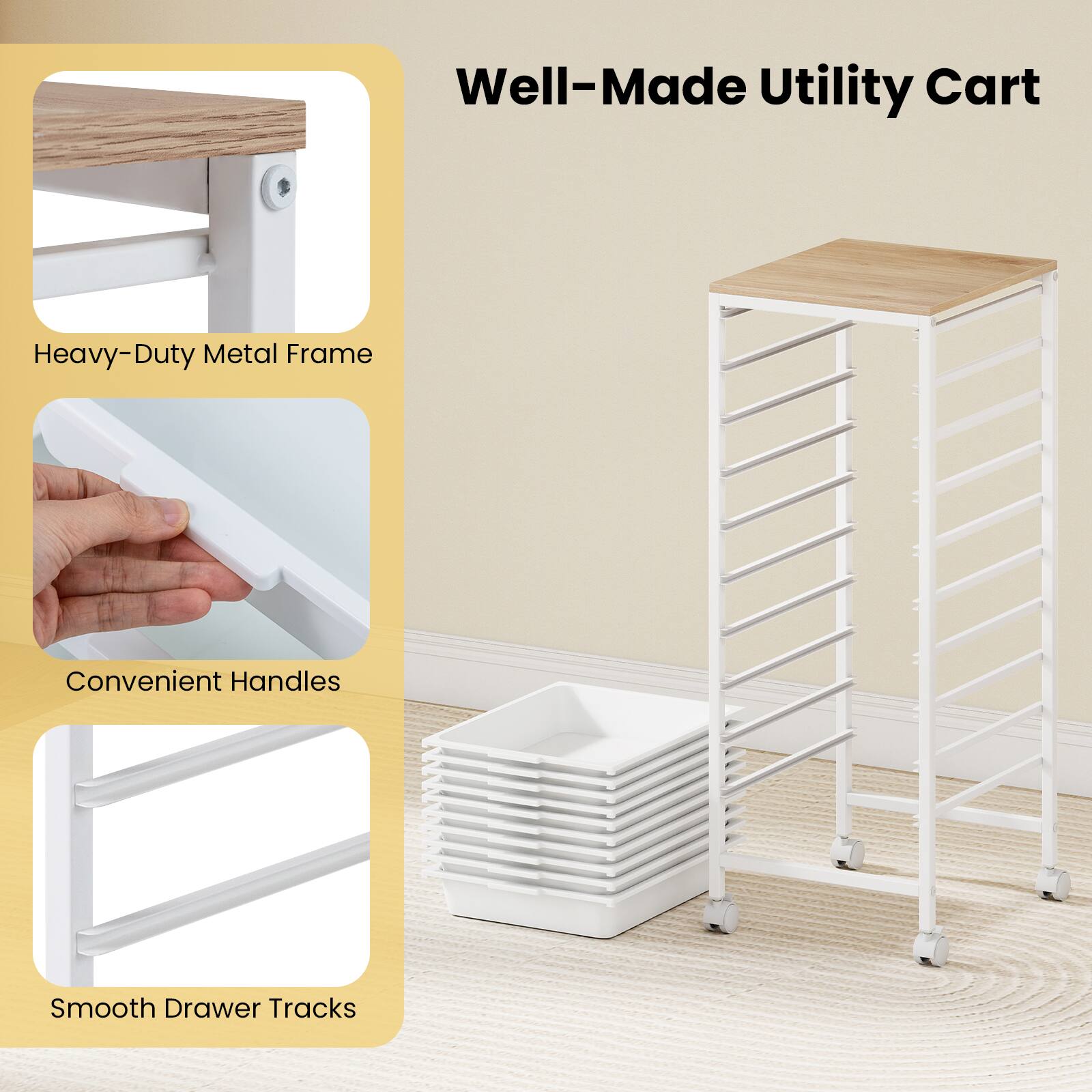 Well-Made Utility Cart  
Heavy-Duty Metal Frame  
Convenient Handles  
Smooth Drawer Tracks