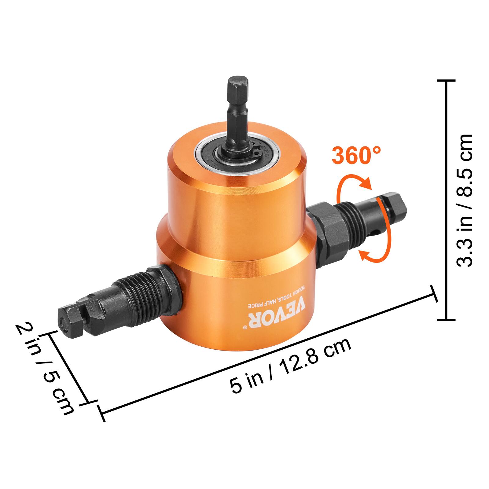 - 2 in / 5 cm
- 5 in / 12.8 cm
- 3.3 in / 8.5 cm
- 360°