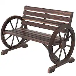 Outsunny - Wooden Wagon Wheel Bench, Rustic Outdoor Patio Bench Weather Resistance Furniture - Brown
