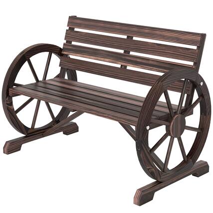 Front. Outsunny - Wooden Wagon Wheel Bench, Rustic Outdoor Patio Bench Weather Resistance Furniture - Brown.