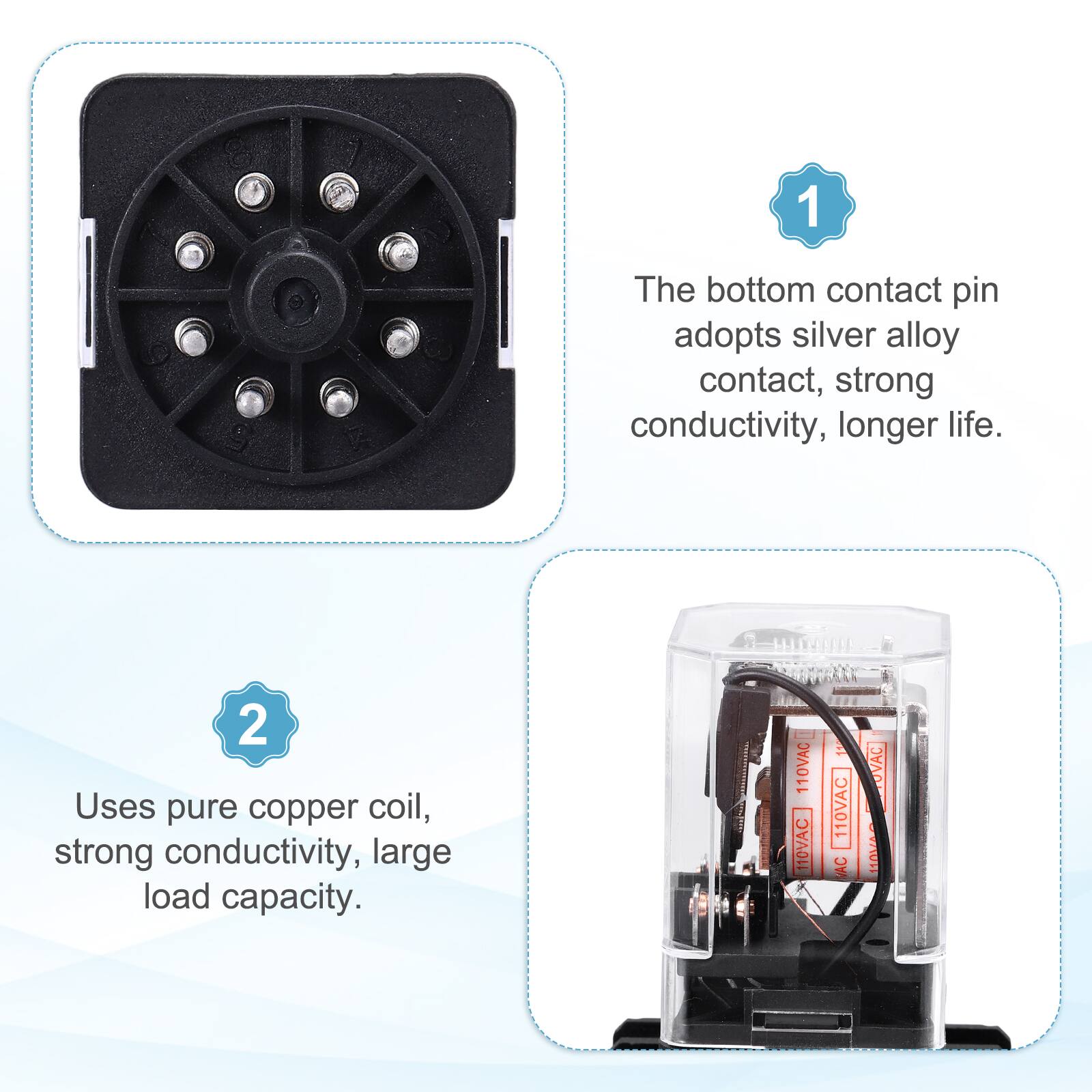1. The bottom contact pin adopts silver alloy contact, strong conductivity, longer life.
2. Uses pure copper coil, strong conductivity, large load capacity.

110VAC 110VAC 12 110VAC VAC OVAC 110MA