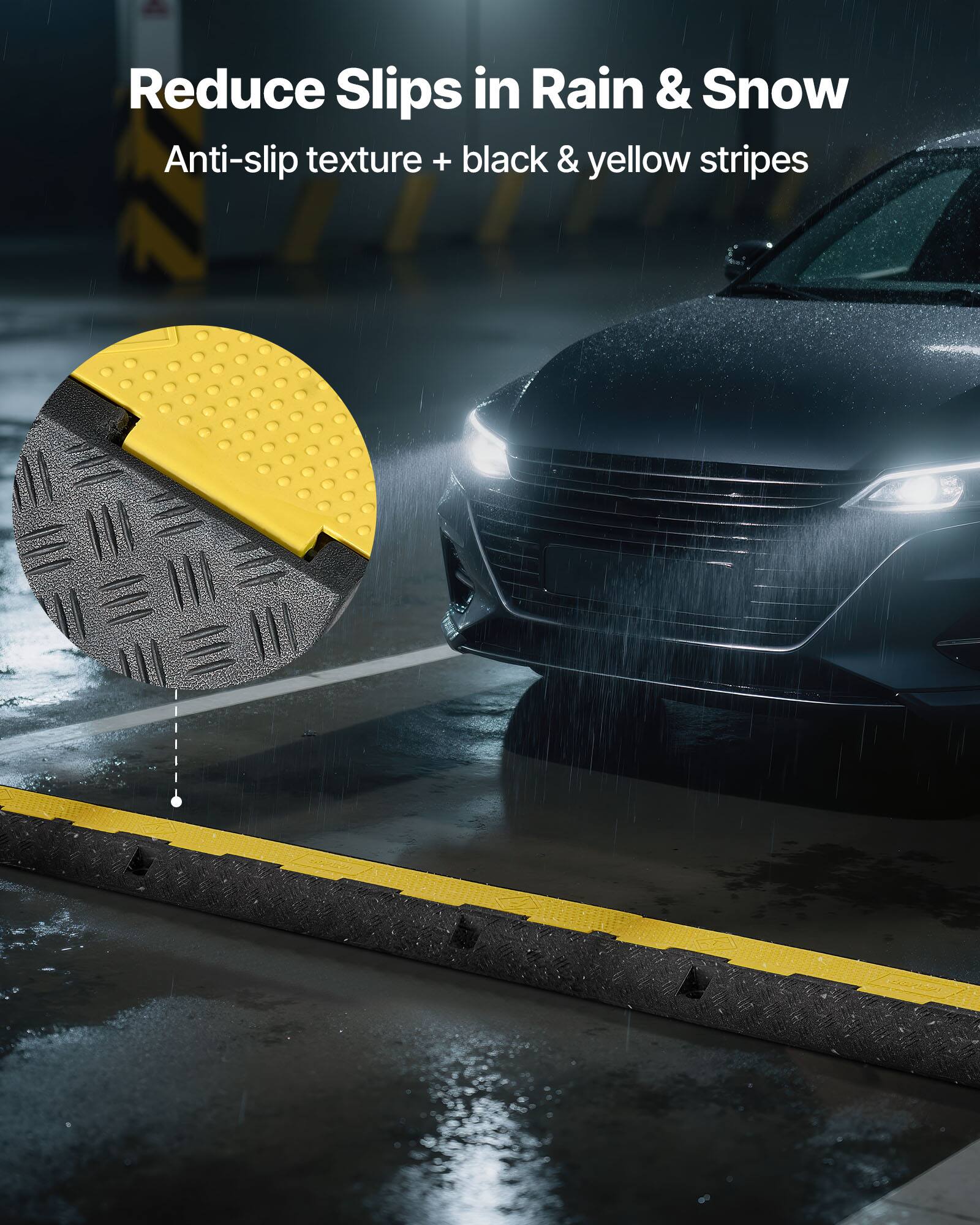Reduce Slips in Rain & Snow  
Anti-slip texture + black & yellow stripes
