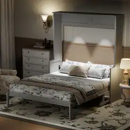 Whisen - Queen Size Murphy Bed with Desk, Foldable Bed with LED Lights, USB Charging Station for Bedroom - Gray