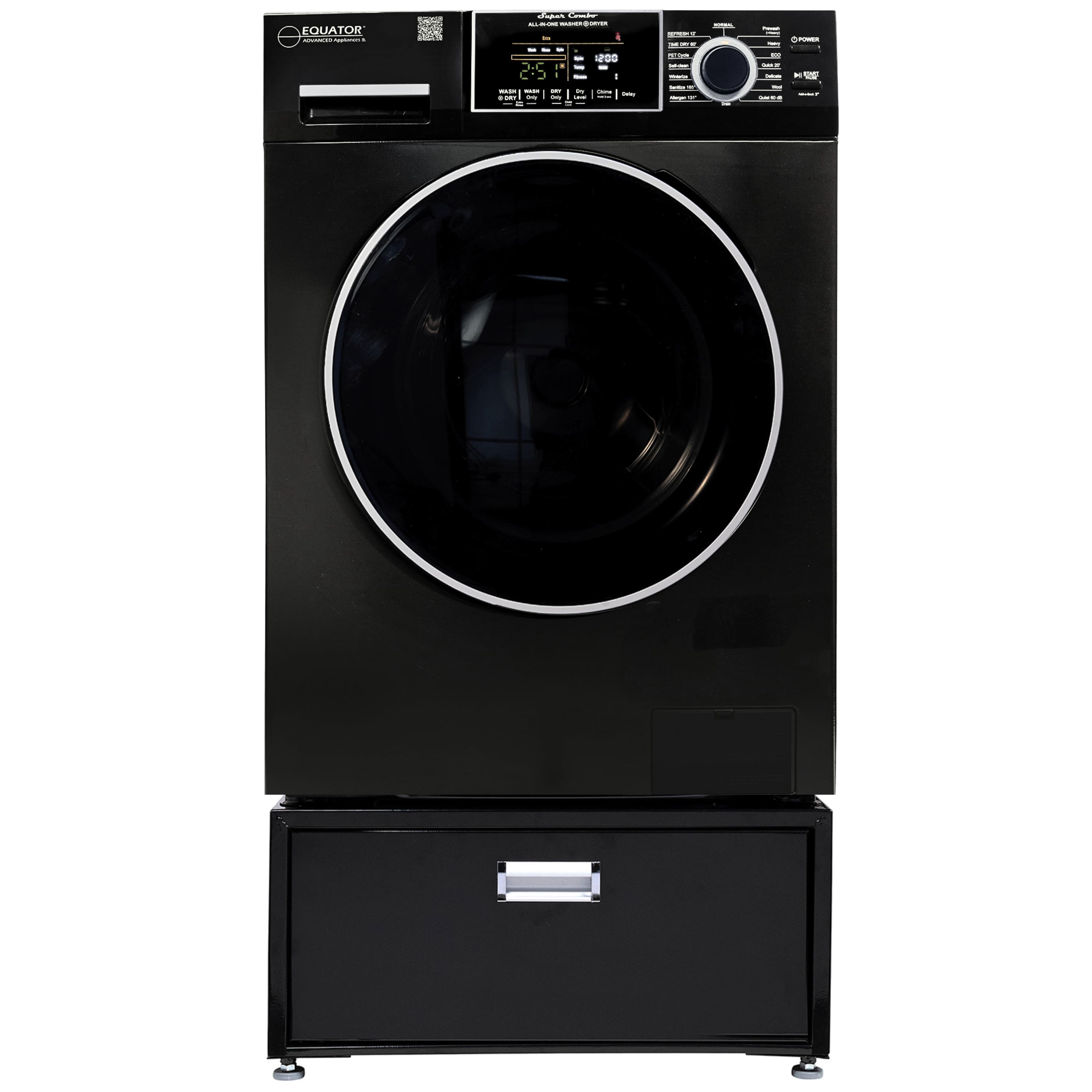 Equator - 1.62 cf. All-in-One Combo Washer Electric Dryer VENTLESS DRY Fully Built-in 0-Clearance 110V EZ 4700 + Pedestal - Black