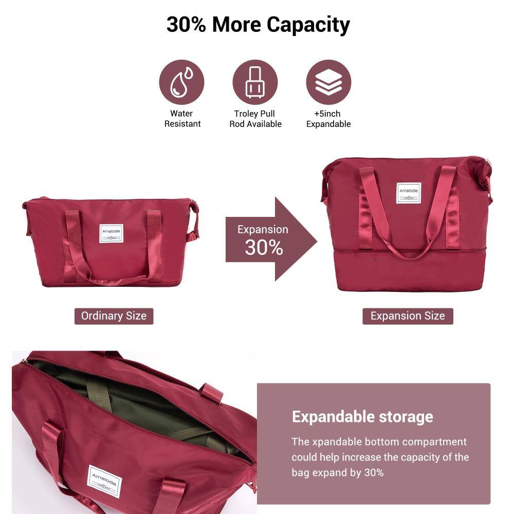 30% More Capacity

- Water Resistant
- Trolley Pull Rod Available
- +5inch Expandable

Expansion 30%

Ordinary Size → Expansion Size

Expandable storage

The expandable bottom compartment could help increase the capacity of the bag by 30%