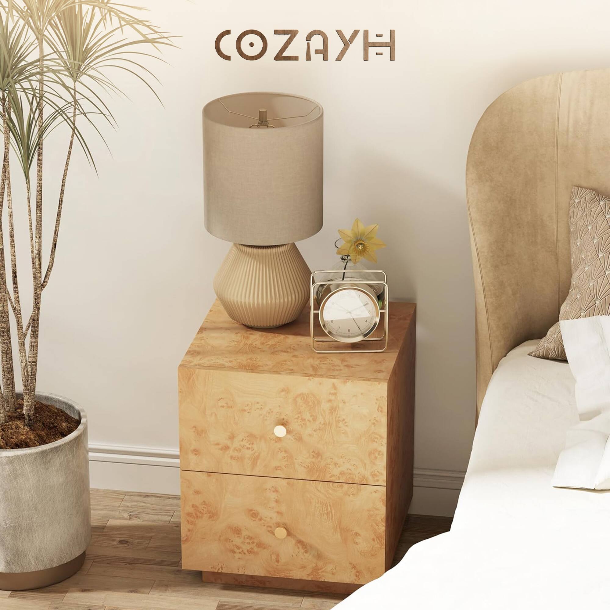 Alt View 4. Aoikax - Aoikax Modern 2-Drawer Nightstand, Burl Finish Bedside Storage Table, Brown - Burl finish.
