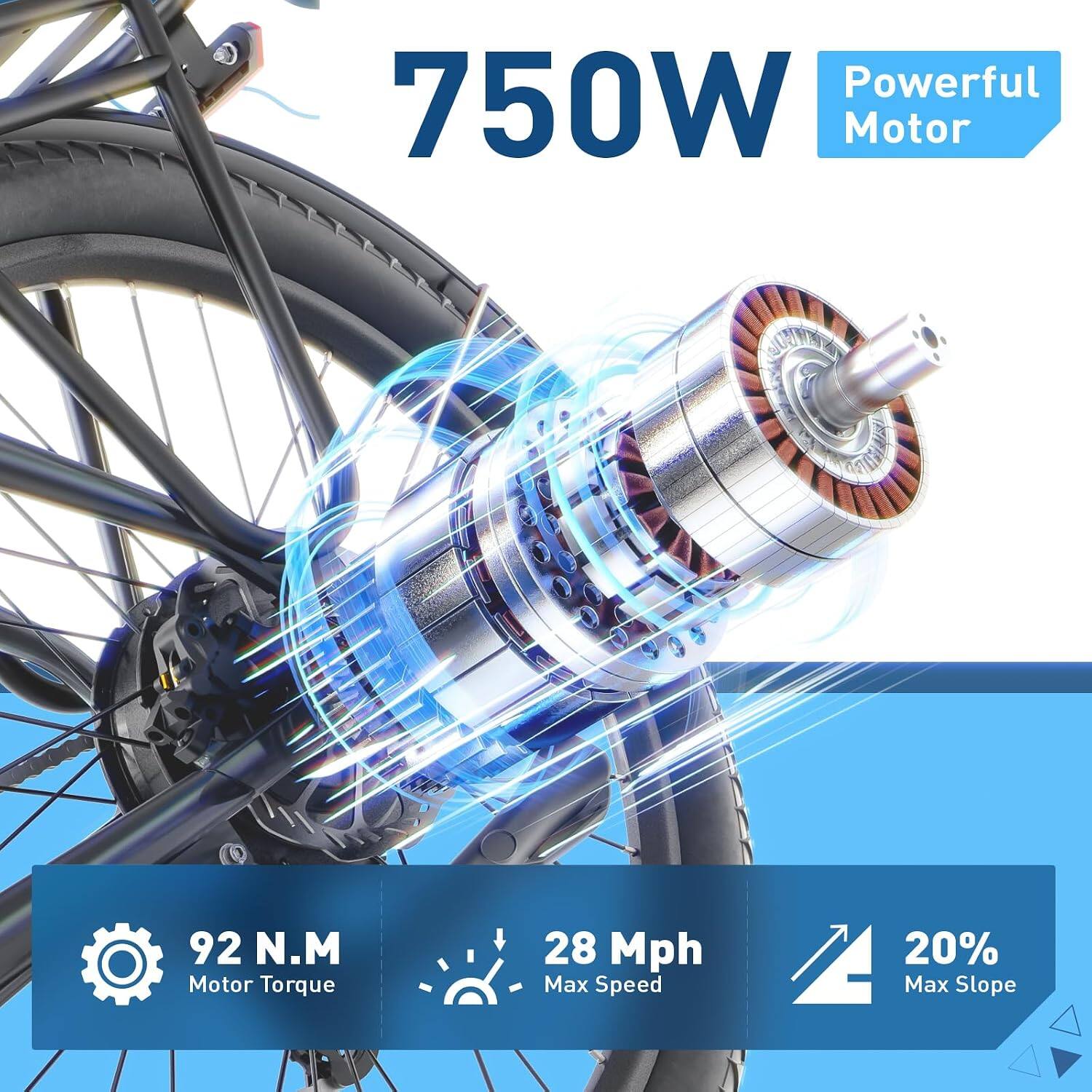750W Powerful Motor

92 N.M Motor Torque

28 Mph Max Speed

20% Max Slope