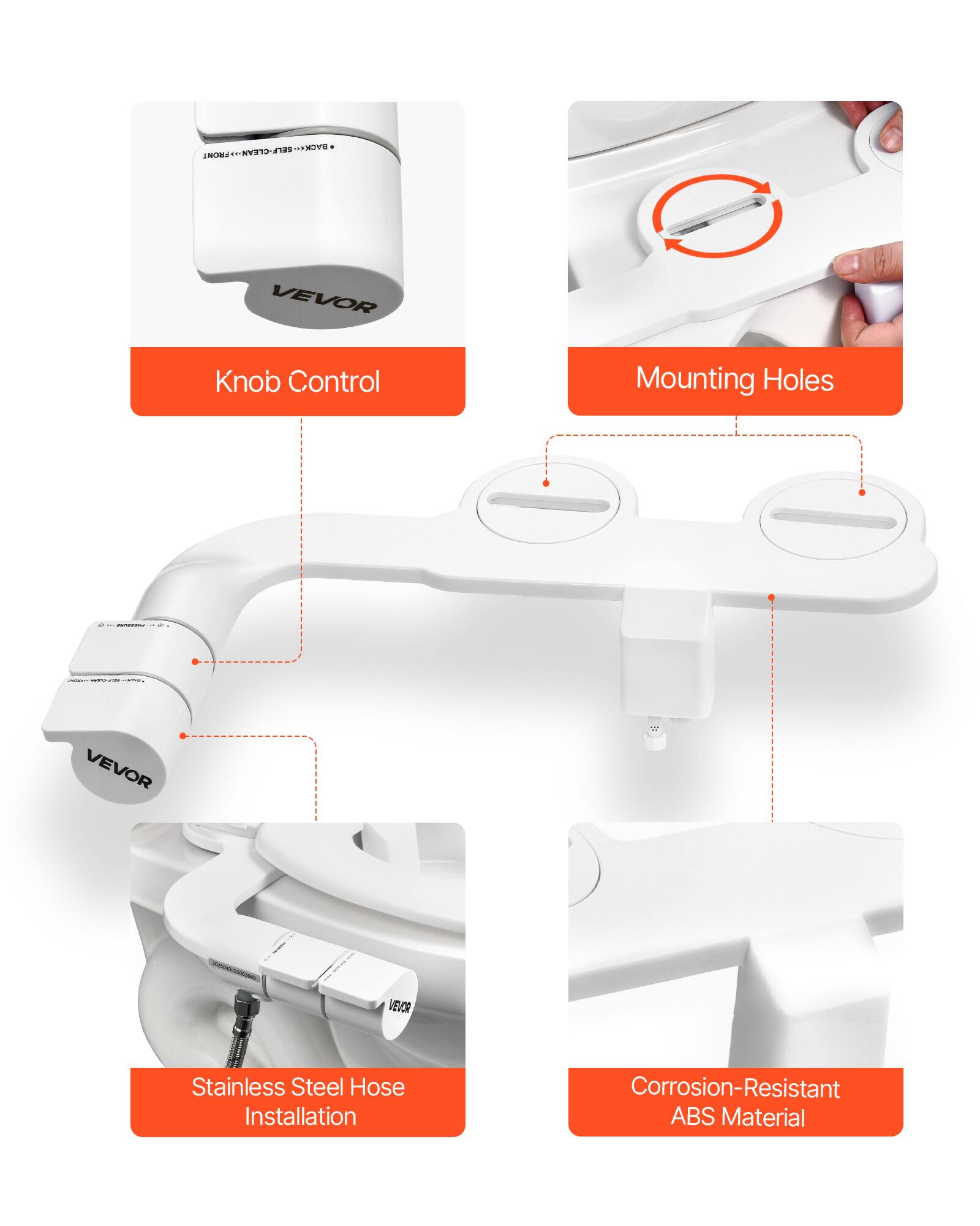 Knob Control, Mounting Holes, Stainless Steel Hose Installation, Corrosion-Resistant ABS Material