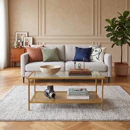 WELLFOR - 2-Tier Coffee Table with Open Shelf, Tempered Glass Top Modern Center Table for Living Room - Golden