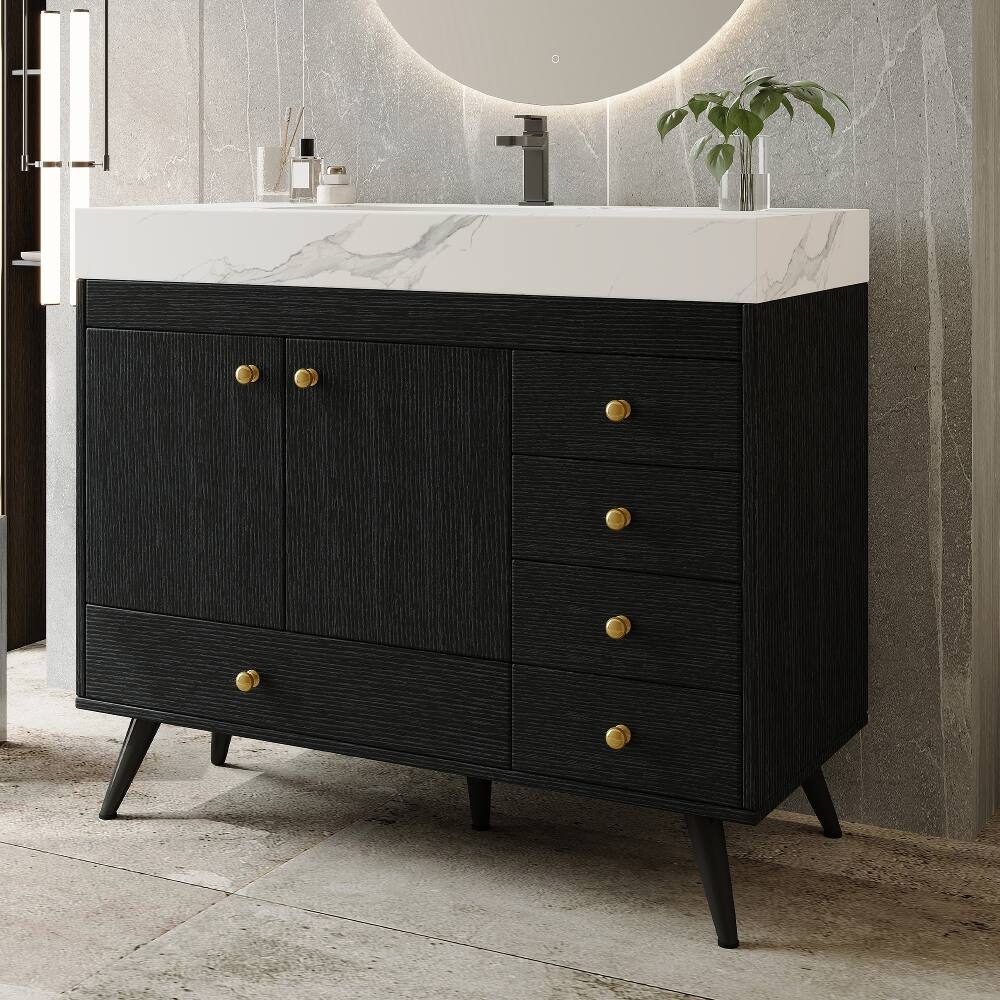 Alt View 2. Loheer - Loheer 36 inch freestanding bathroom vanity with faux marble top, ceramic sink, 5 drawers, black - Black.