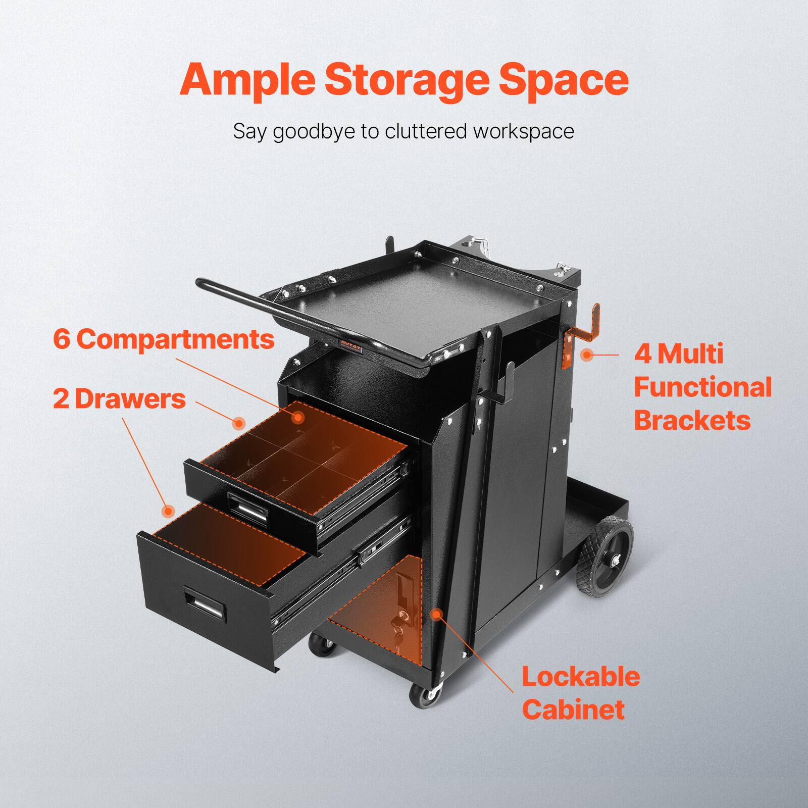 Ample Storage Space
Say goodbye to cluttered workspace
6 Compartments
2 Drawers
4 Multi Functional Brackets
Lockable Cabinet