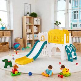 BreeBe - Multi-Activity L-Shaped Slide for Kids Featuring 9 Functions, Hoop, and Wheel - Yellow
