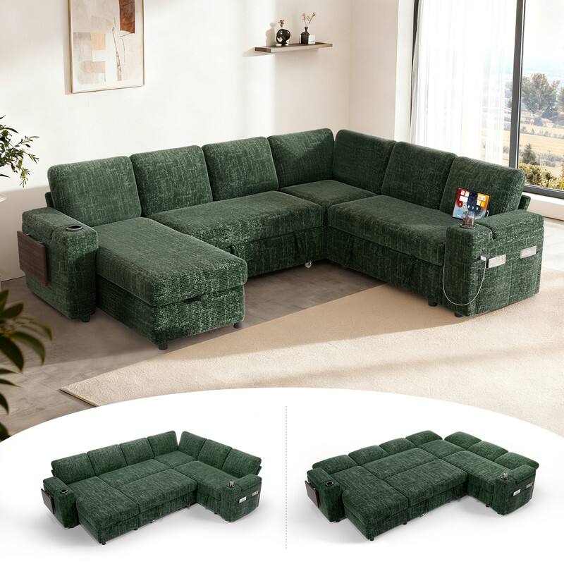 Left. Vipbear - 110" Modular Sectional Sofa with Pull Out Bed,Chenille Fabric 7 Seat Sectional Sleeper Sofa with Storage,for Living Room - Green.