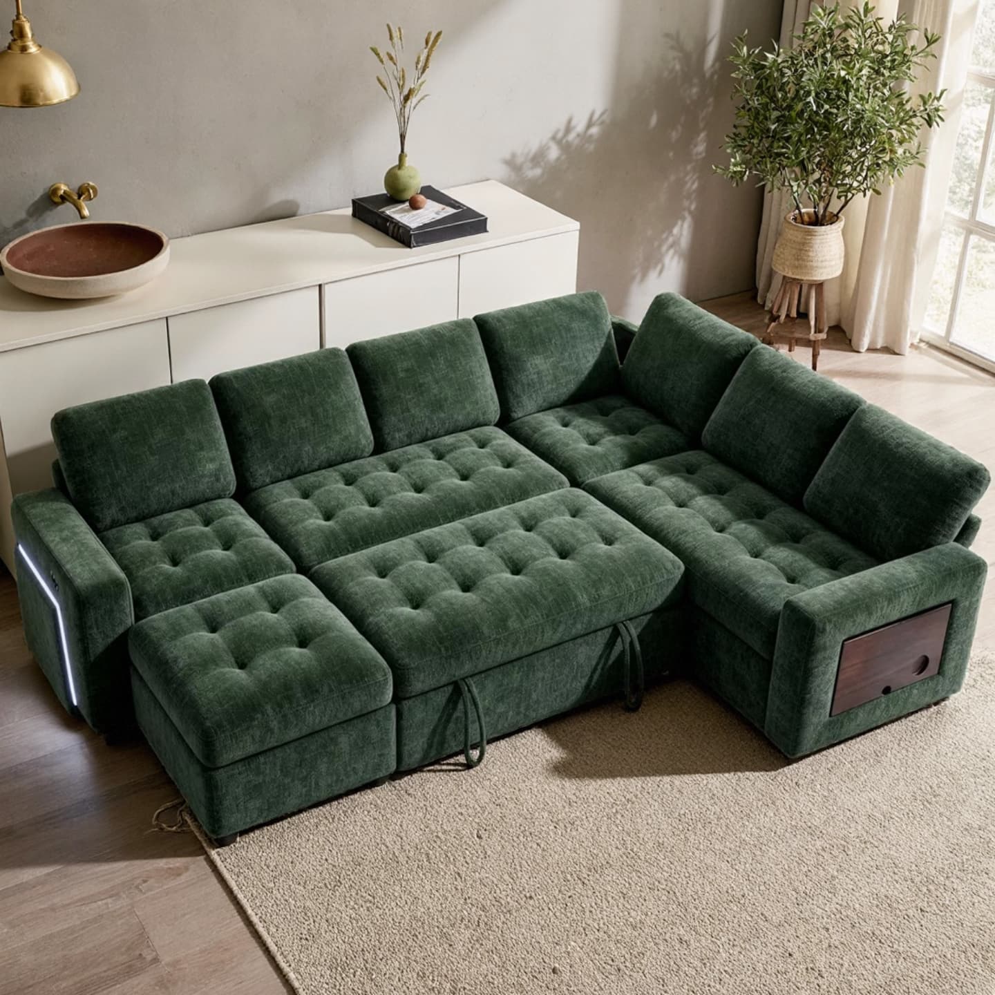 Photos - Sofa Dyonery - 102" Green Chenille L-Shaped Sectional Sleeper , 7-Seat with Pull-Out Bed, USB Ports, LED Lights, Ottoman