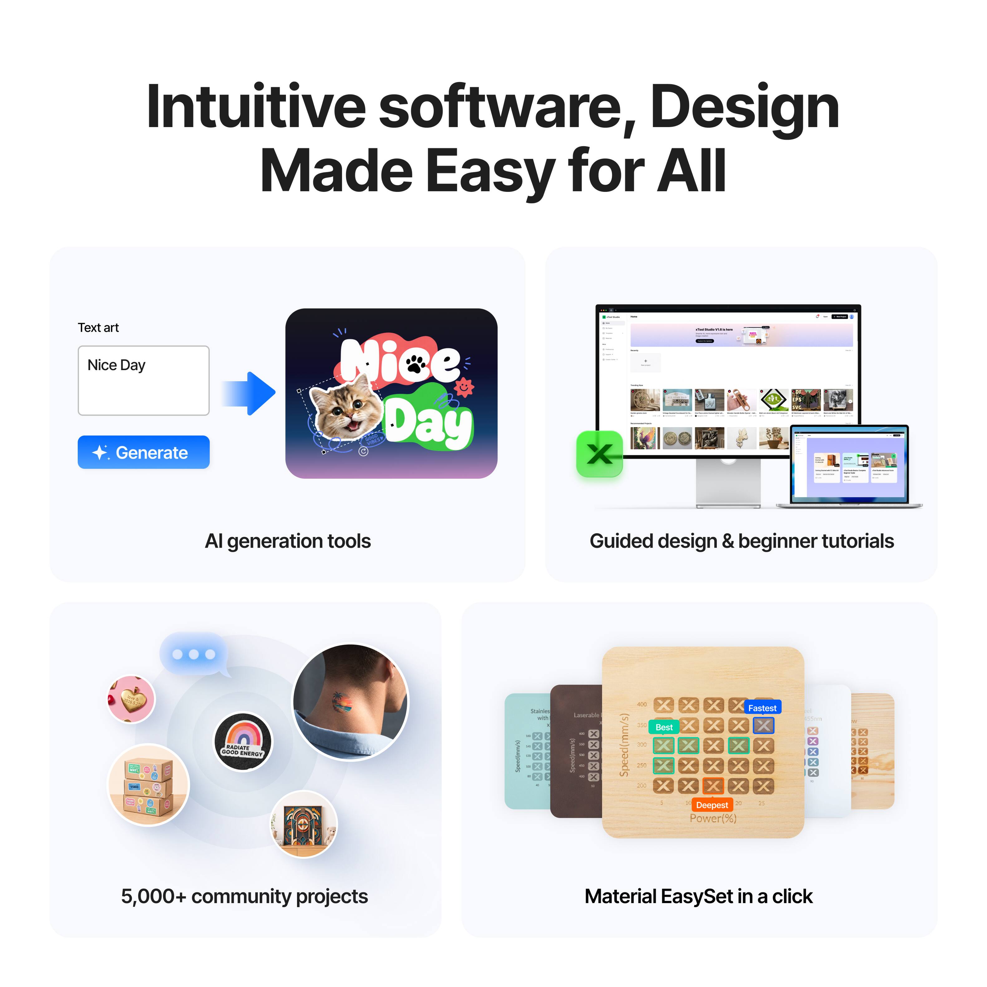 Intuitive software, Design Made Easy for All

Text art
Nice Day
Generate

AI generation tools

Guided design & beginner tutorials

5,000+ community projects

Material EasySet in a click