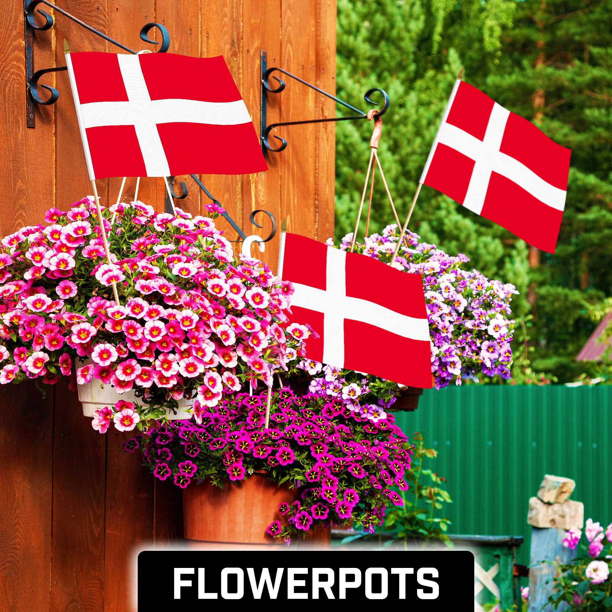 Angle. G128 - 10-Pack 12 x 18 in Denmark Handheld Stick Flags - Red and White.