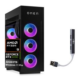 HP - Upgraded - OMEN MAX 45L Desktop PC (Ryzen 9 9900X3D, 32GB, 2TB SSD, GeForce RTX 5090, WiFi 7, Win 11 Pro) w/USB Hub - Shadow Black