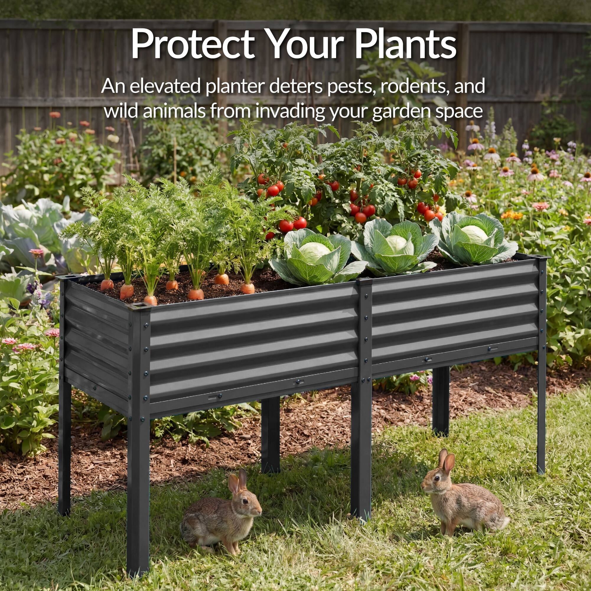 Protect Your Plants  
An elevated planter deters pests, rodents, and wild animals from invading your garden space