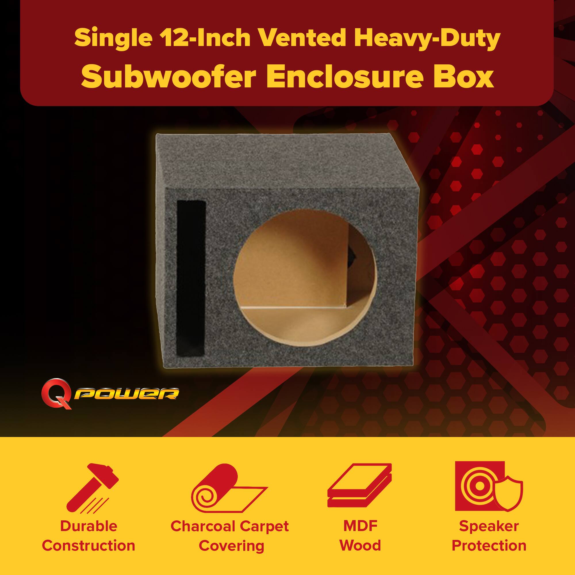 Single 12-Inch Vented Heavy-Duty Subwoofer Enclosure Box

- Durable Construction
- Charcoal Carpet Covering
- MDF Wood
- Speaker Protection