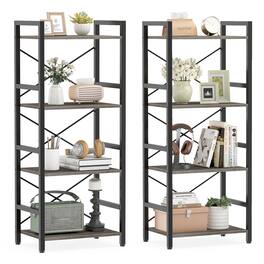Costway - 2 PCS Bookshelf with Metal Frame & Wooden Storage Racks for Living Room, Study - Grey Oak + Black