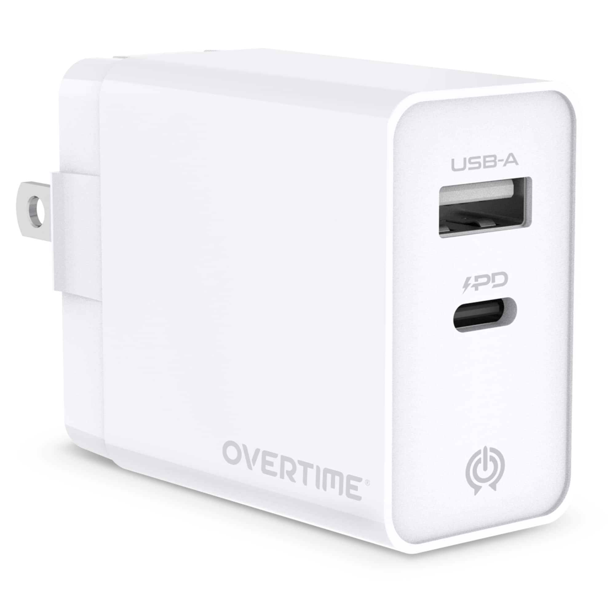 Overtime - 38W Dual Port USB Wall Charger with 20W USB C and 18W USB A Fast Charging Compact, White - White