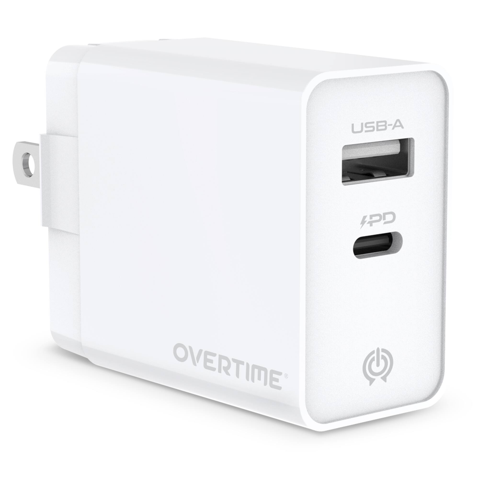 Overtime - 38W Dual Port USB Wall Charger with 20W USB C and 18W USB A Fast Charging Compact, White - White