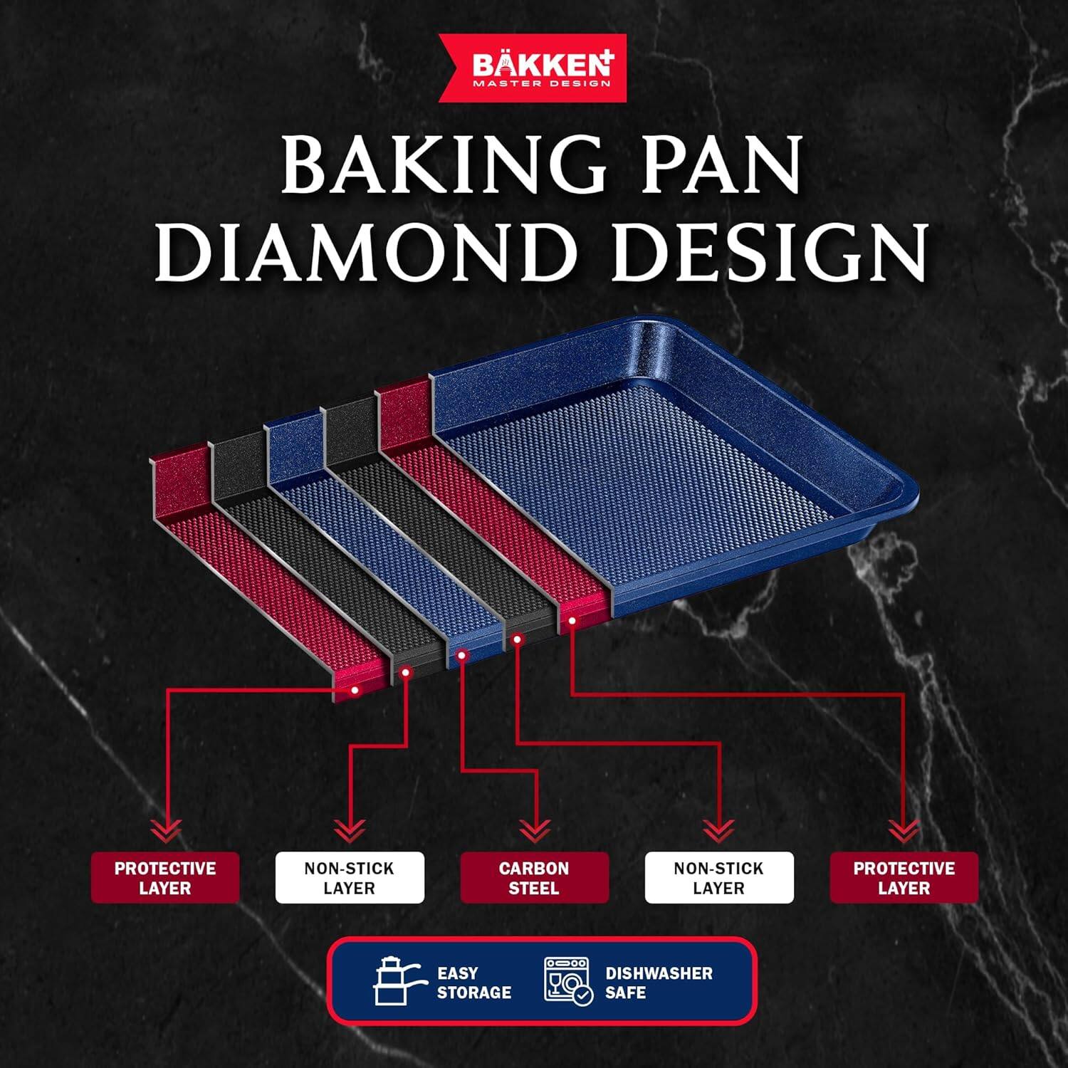 BKKEN MASTER DESIGN BAKING PAN DIAMOND DESIGN PROTECTIVE LAYER NON-STICK LAYER CARBON STEEL NON-STICK LAYER PROTECTIVE LAYER EASY STORAGE DISHWASHER SAFE