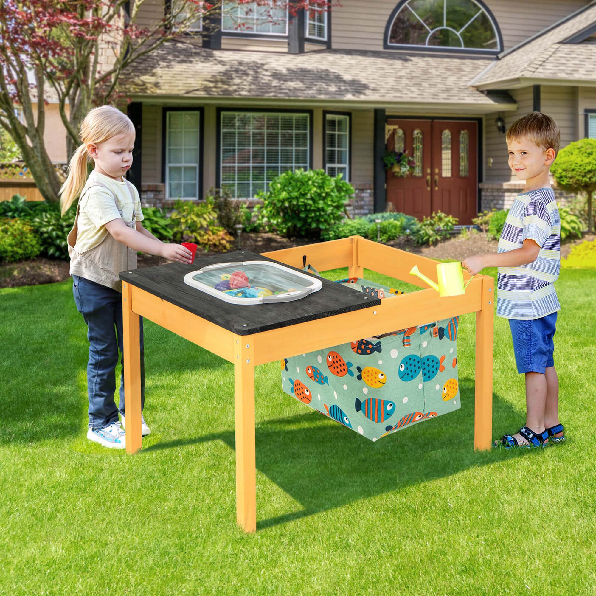 Alt View 7. Costway - Costway 3-in-1 Kids Activity Table with Foldable Water Bin Large Capacity Storage Bag - Natural+Black.