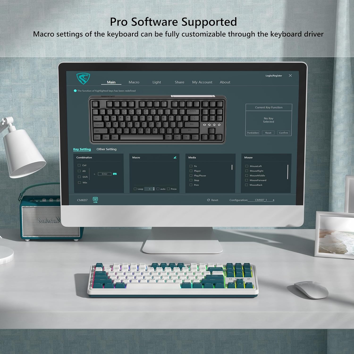 Pro Software Supported  
Macro settings of the keyboard can be fully customizable through the keyboard driver  

Main  
Macro  
Light  
Share  
My Account  
About  
Login/Register  

Key Setting  
Combination  
Ctrl  
Alt  
Shift  
Enter  

Other Setting  
Macro  
Media  
Mouse  

Current Key Function  
No Key Selected  

Mouse  
MouseLeft  
MouseRight  
MouseForward  
MouseBackward  
MouseLock  

Loop  
Auto  
Press  

Reset  
Configuration  
CMK87