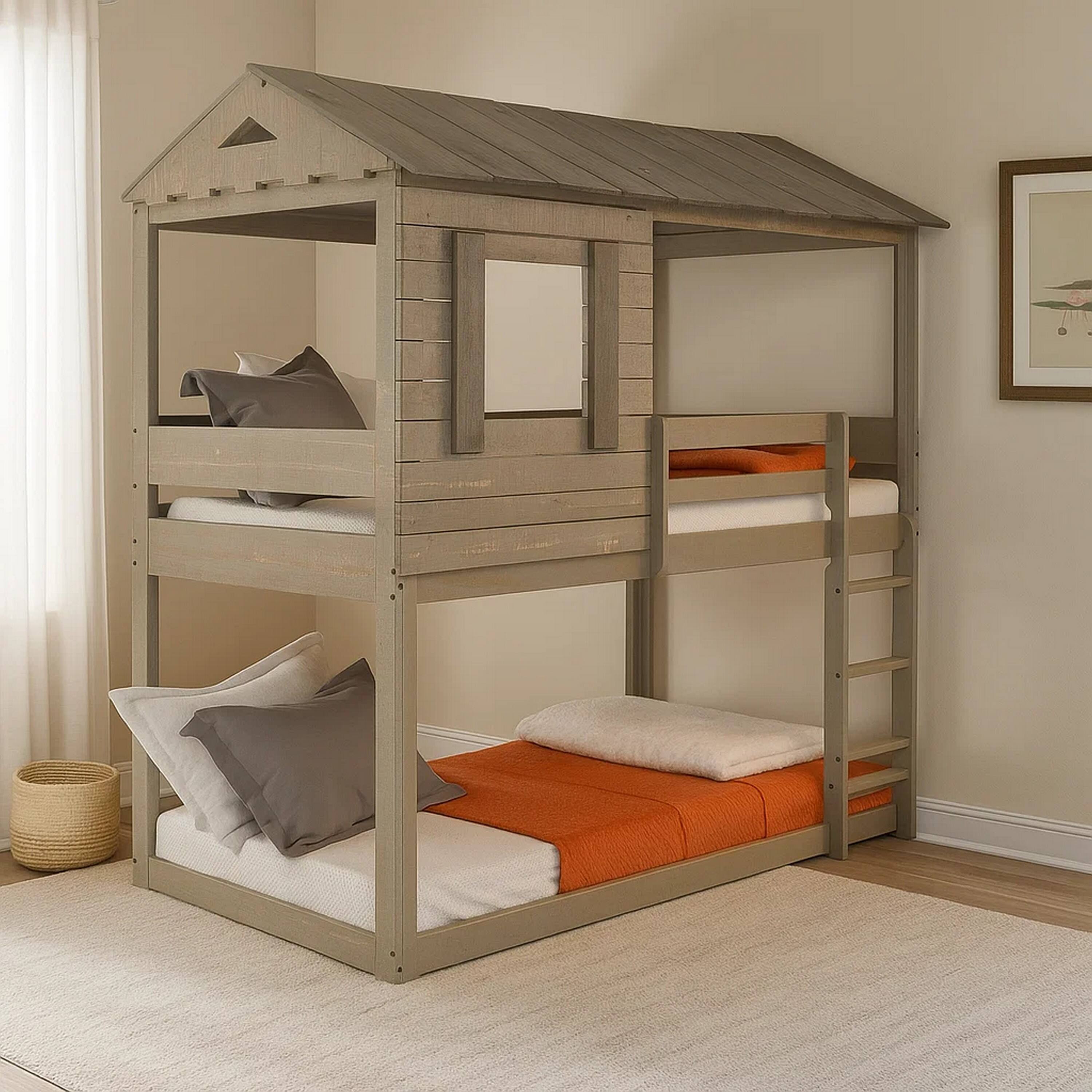 Alt View 6. Manhattan Lane - Twin Size Wooden Bunk Bed with House Design, Brown - Brown.