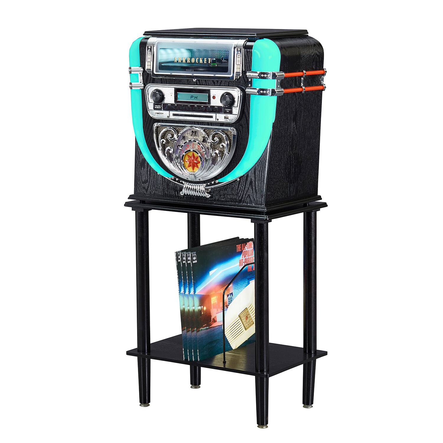 Arkrocket - Boston Tabletop Jukebox Record Player Entertainment System with Stand - Black