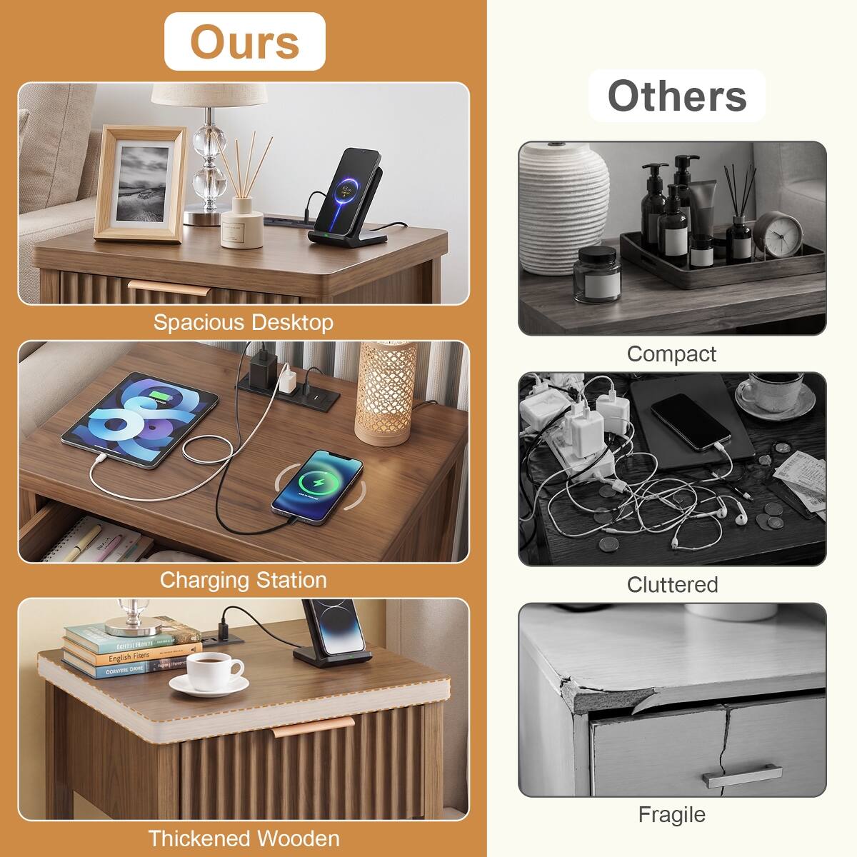 Ours

Others

Spacious Desktop & Charging Station

Compact

Cluttered

Thickened Wooden

Fragile
