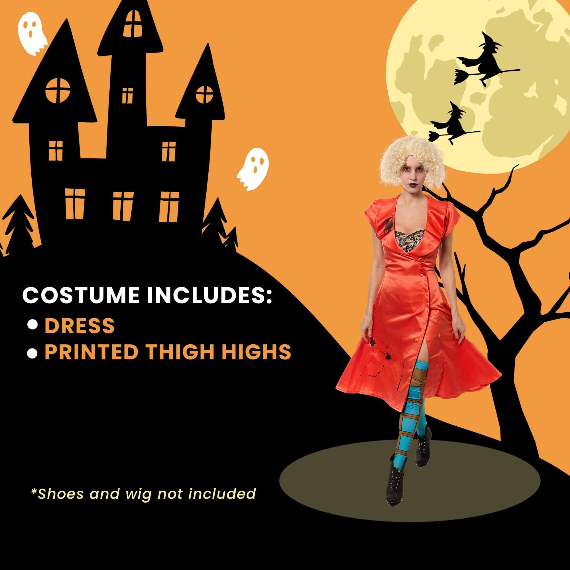 COSTUME INCLUDES:  
- DRESS  
- PRINTED THIGH HIGHS  

*Shoes and wig not included