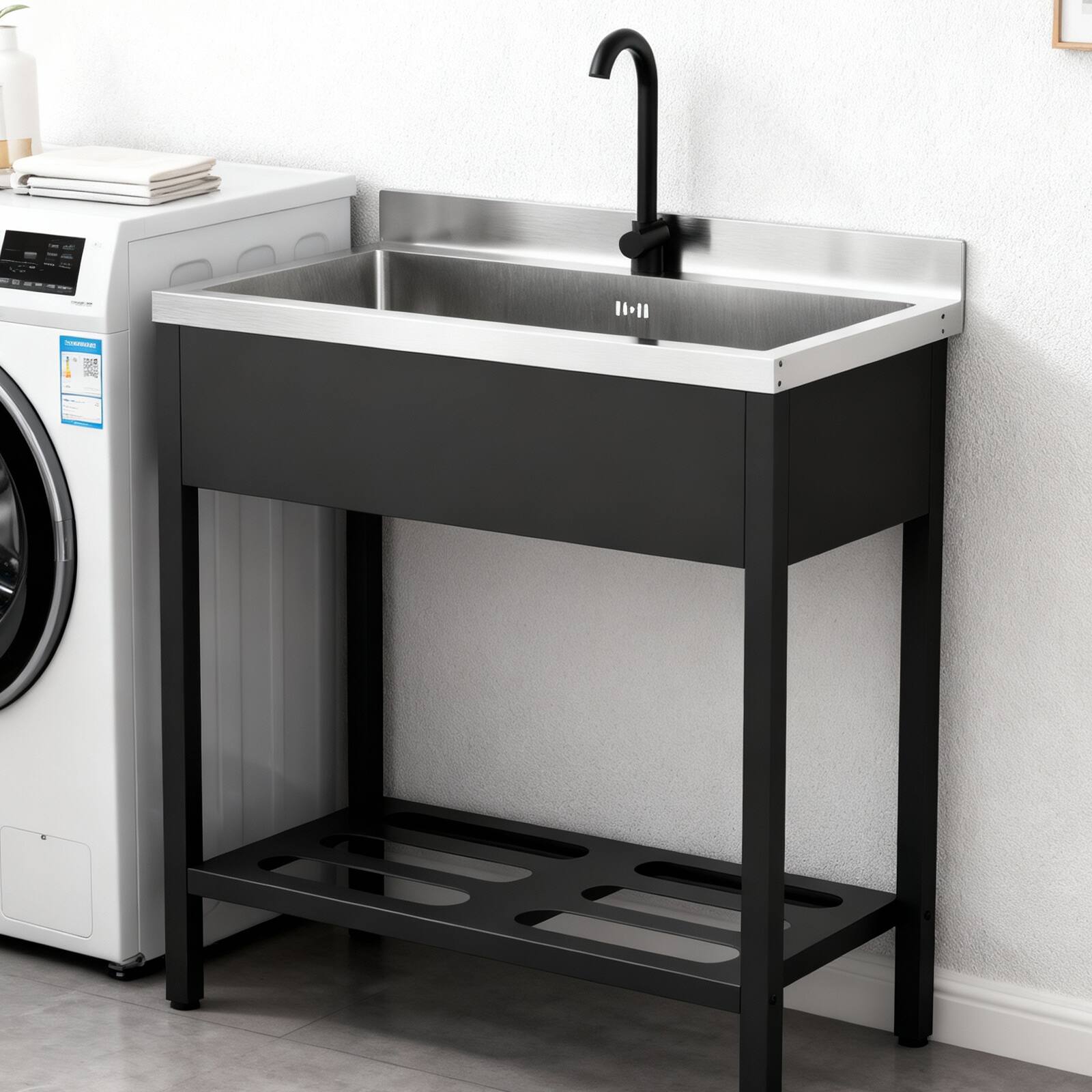 Alt View 4. Winado - Freestanding Utility Sink with Hot & Cold Faucet & Storage Shelf & Rounded Corner for Pet Grooming and Restaurant Prep - Black & Silver.
