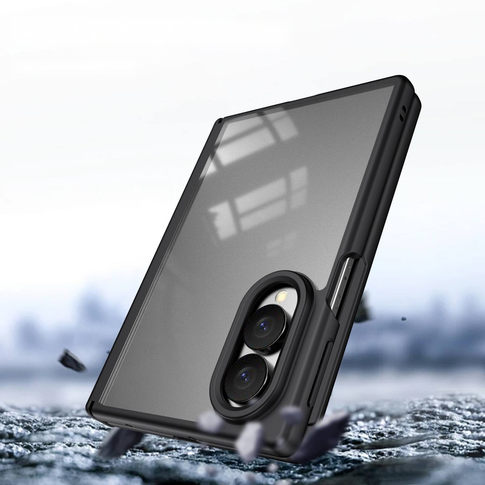 Back. Dteck - Shockproof Phone Case for Samsung Galaxy Z Fold8 with Screen Protector, Rugged Full Hinge Cover with Raised Camera Edge - Black.