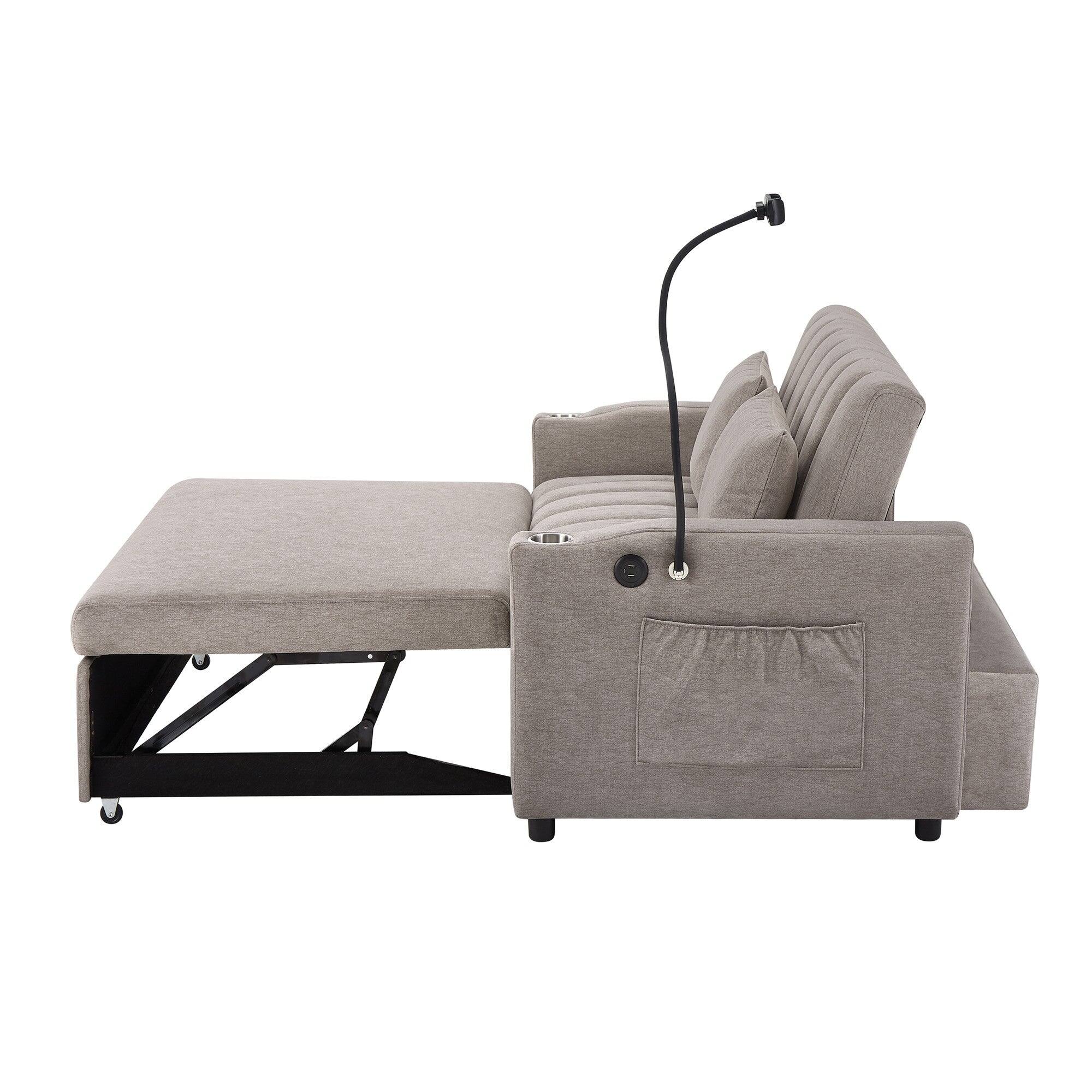 Left. Boyel Living - 55.9 in. Polyester Twin Size Convertible Sofa Bed with USB Ports and Side Pockets - Gray.