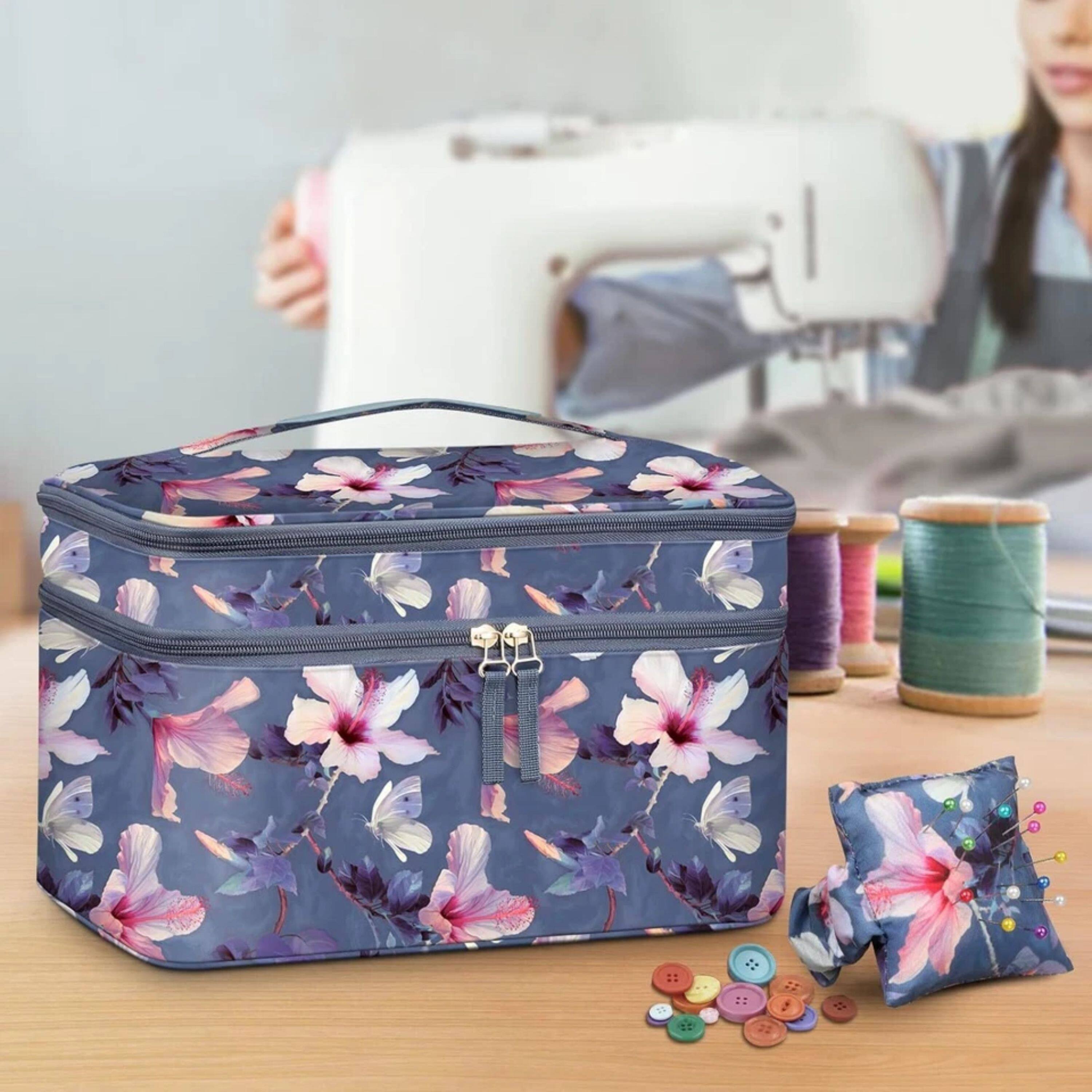 Angle. Kitcheniva - Portable Sewing Organizer Case Double-Layer Sewing Accessories Storage Carrying Bag Blooming Hibiscus - Multicolor.