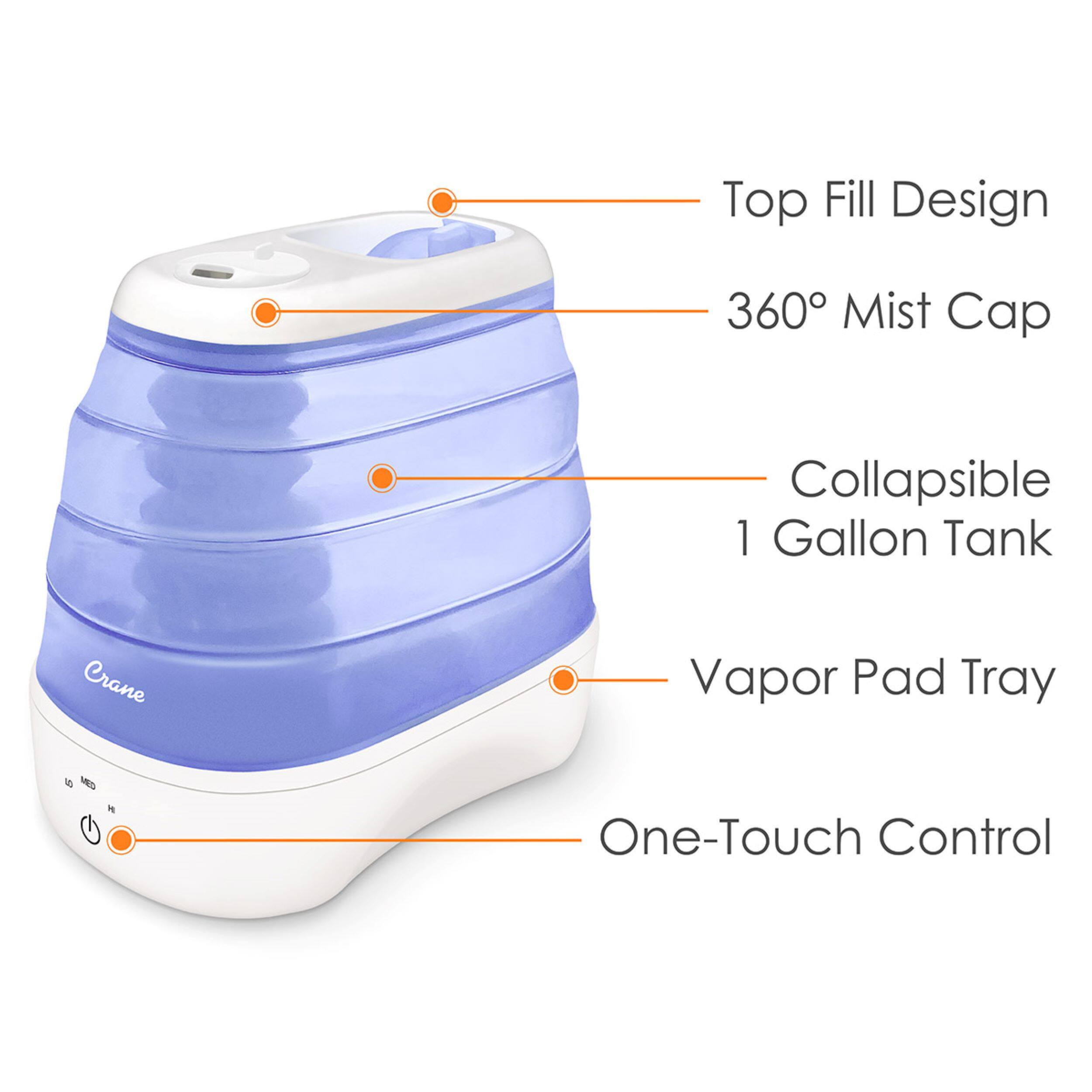 The image features a blue and white vaporizer with a 360-degree mist cap, a collapsible 1-gallon tank, and a crane vapor pad tray. The vaporizer also has a one-touch control for easy operation.