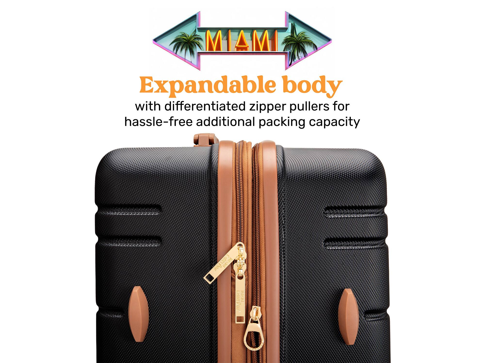MIAMI Expandable body with differentiated zipper pullers for hassle-free additional packing capacity
